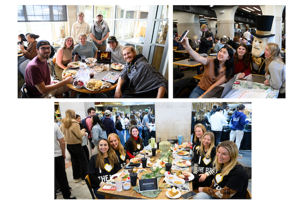 Three photos of groups of Wake Forest at Pitsgiving. The students sit around the table with a Thanksgiving meal on their plates. One group of students poses for a selfie with the Demon Deacon.