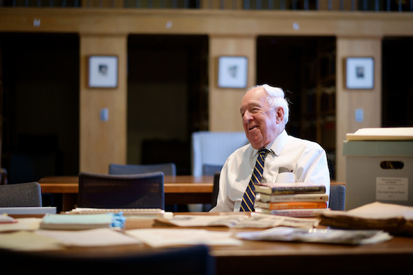 Wake Forest Provost Emeritus and Emeritus Professor of English Edwin G. Wilson ('43) talks with a reporter about Maya Angelou in the special collections room of the library on Wednesday, May 28, 2014.