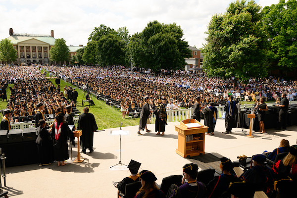 A crowd gathers on Hearn Plaza for the 2024 commencement ceremony