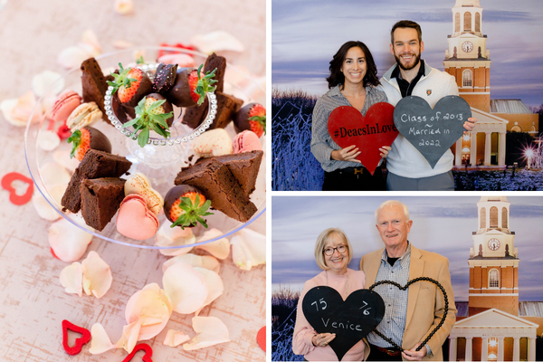 Table centerpiece of heart-shaped macarons, brownies and chocolate covered strawberries. Lauren Hiznay and JP Rotchford posing for a portrait. Bottom right Keith and Karen Sherman